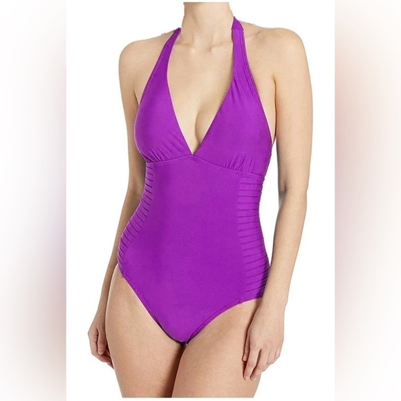 Calvin Klein Women's Dragon Fruit Pleated Halter One-Piece Swimsuit, Pink, 14 - Picture 1 of 4